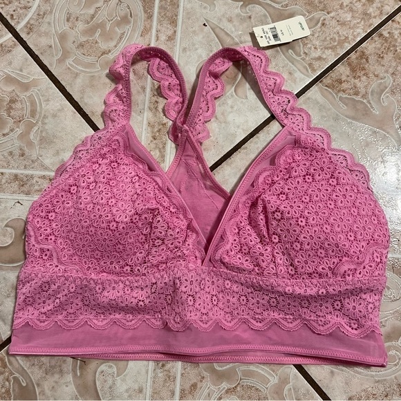 aerie Other - AE Aerie Pink Lace Wireless Bralette Pink Floral Crop Top Sheer Mesh Medium